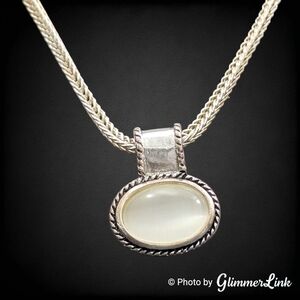 Silver Tone White Cat Eye Pendant Necklace Wheat Chain Signed KC